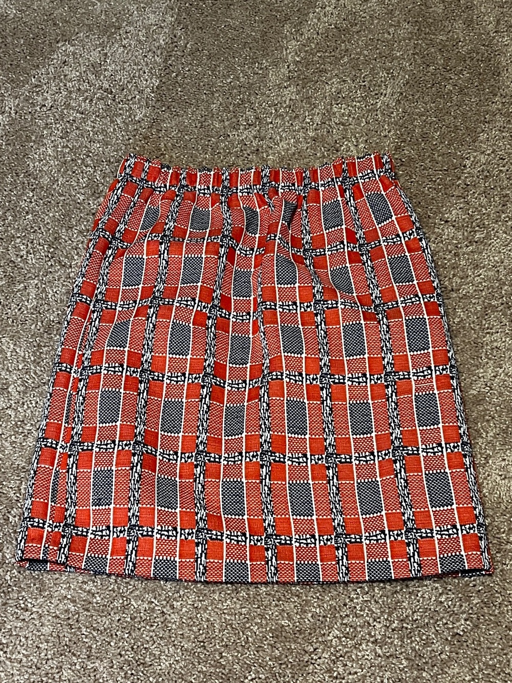 Genuine Vintage Mod 1960’s Orange/Red & Blue Plaid Skirt, Elastic Waist-Stretchy